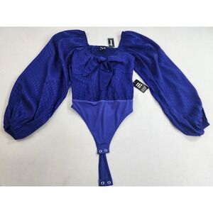 Express Blue Jacquard Satin Tie Front Bodysuit XXS 08658025 Balloon Sleeve